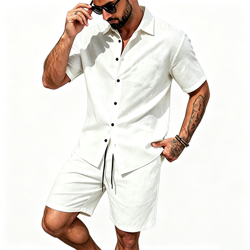 Men Linen Two Piece Outfit Sho - Short Linen Drawstring ulasan dan harga