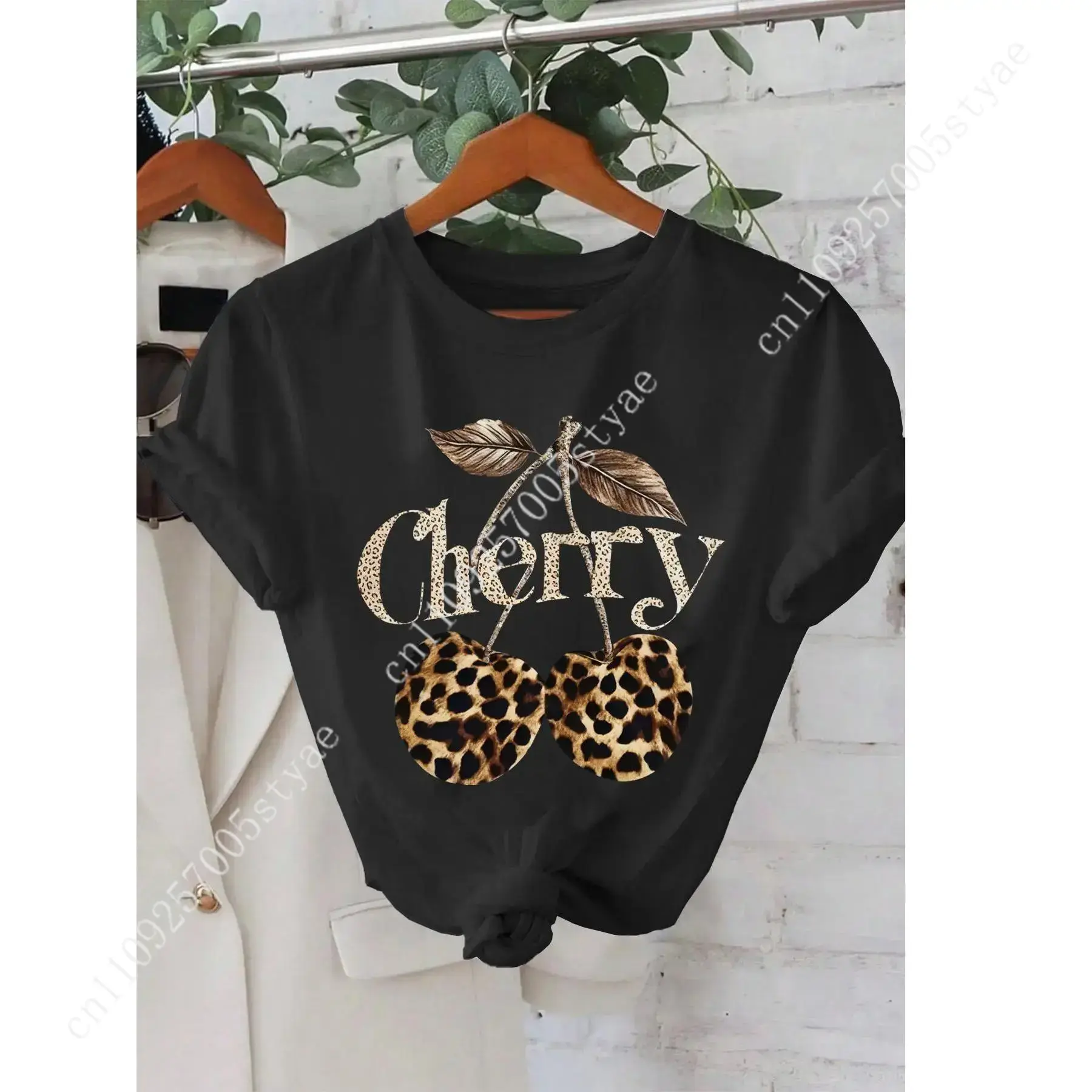 Women's Cherry & Leopard Print - Tee Graphic Print ulasan dan harga